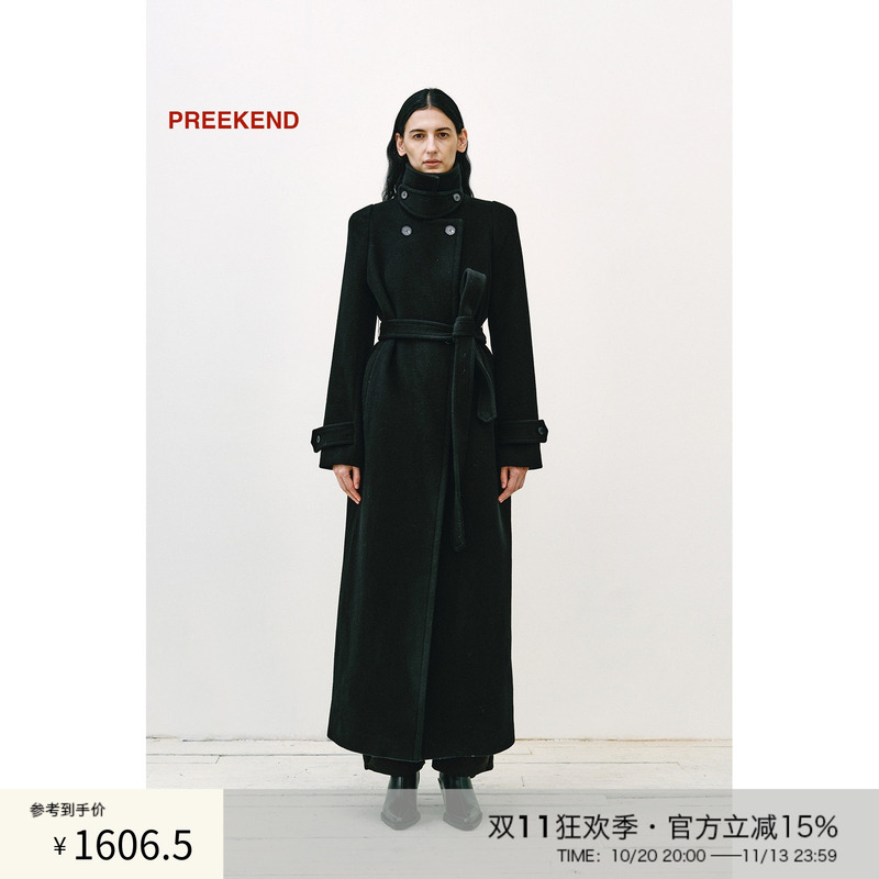 Preekend 100% Wool White and Black Round Shoulder Stand Collar Design Long Coat