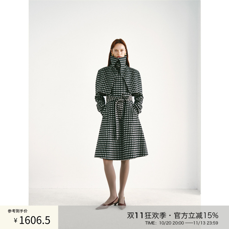 Preekend Black and White Checkered Faux Two-Piece Stand Collar Cape Double-Sided Wool Alpaca Coat