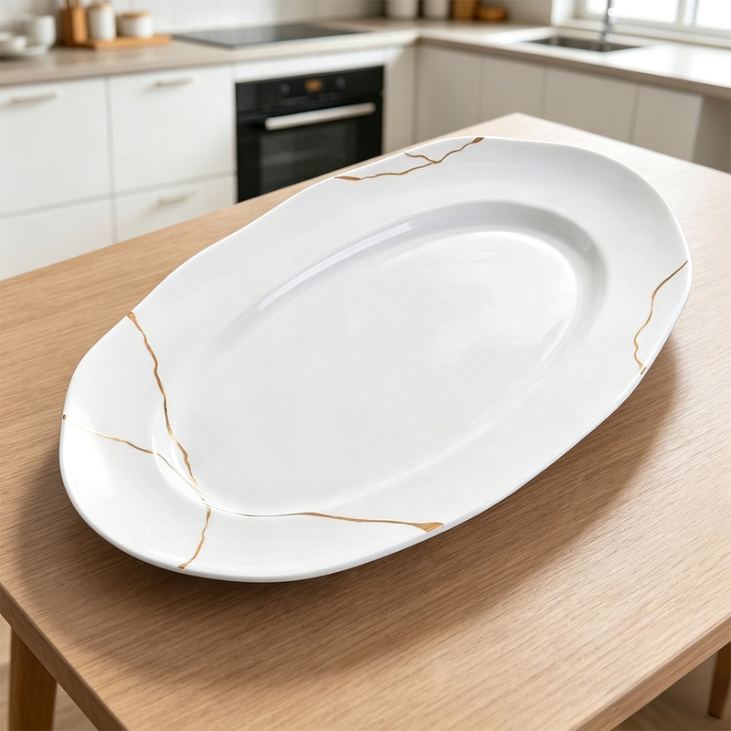 Modern Art Style Ceramic Plate, Irregular Creative Tableware, High-End Gold-Plated Oval Plate, Hot and Cold Dish Plate