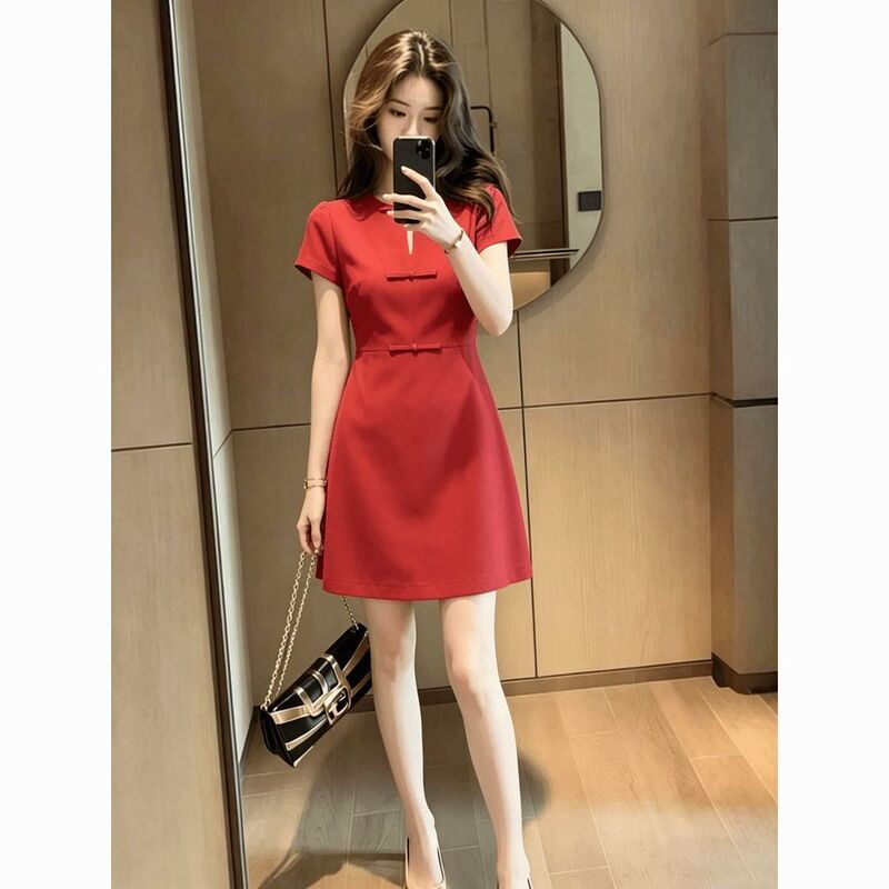 Red Slimming Waist-Cinching Dress for Women, Summer 2026, Retro New Chinese Style Design with Hollow-Out Bow A-Line Dress Red Slimming Waist-Cinching Dress for Women, Summer 2026, Retro New Chinese Style Design with Hollow-Out Bow A-Line Dress