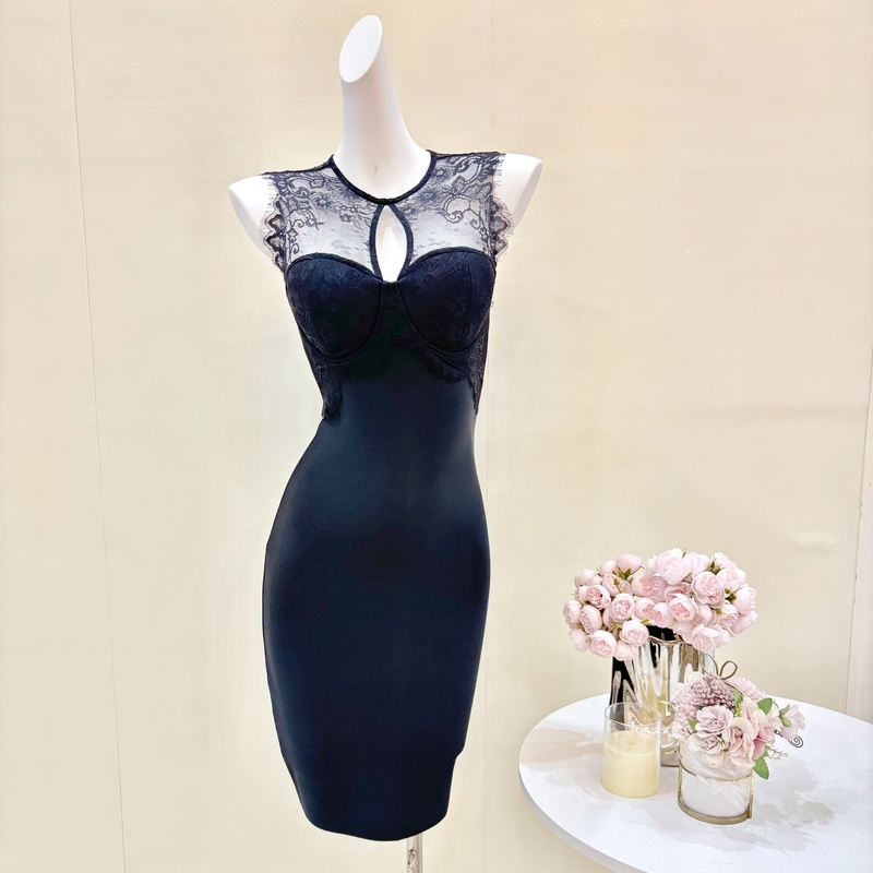 High-End Black Lace Patchwork Bandage Dress, Sexy French-Style Waist-Cinching Slim-Fit Bodycon Dress