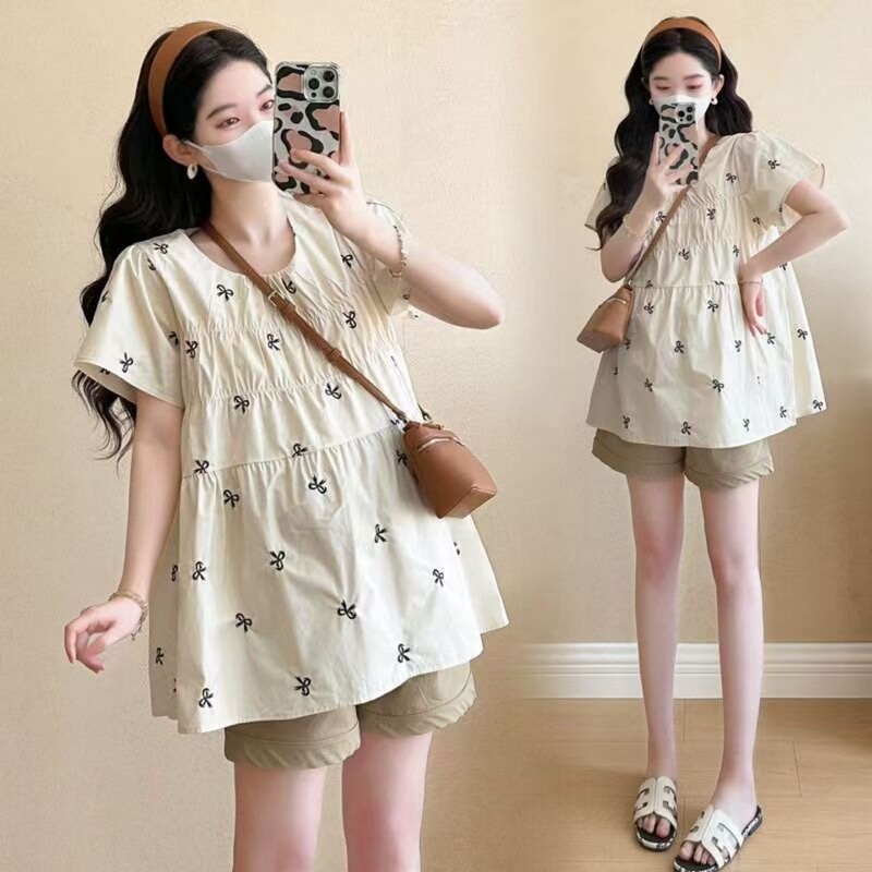 Maternity Wear 2026 Summer New Korean Style Fashionable and High-End Heavy Embroidery Top + Belly Support Pants Two-Piece Set