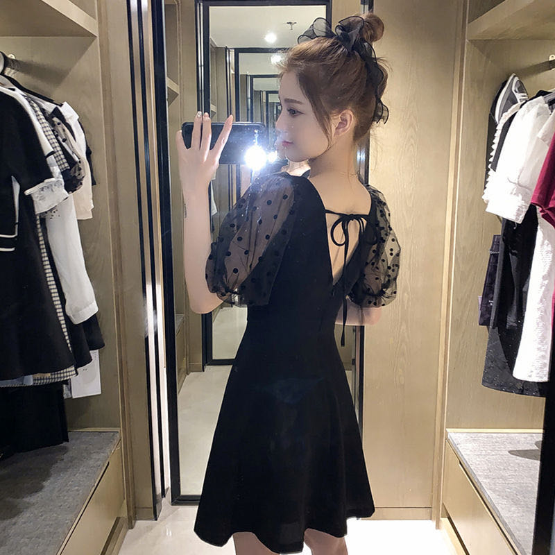 Pregnant Woman Dress Summer Dress New Snow Spinning Mesh Veil of Flesh Display Slim weight loss Slight Fat Square Collar Wave Point Little Black Dress Ocean Dress