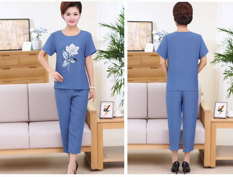 Mùa hè mẹ cotton và linen đồ ngủ phụ nữ mùa hè ngắn tay trung niên đồ ngủ cotton lụa bà tải linen dịch vụ nhà phù hợp với