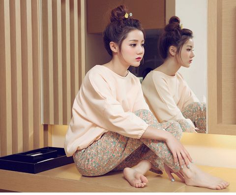 Mùa xuân và mùa thu Hàn Quốc ngọt ngào dễ thương dài tay đồ ngủ nữ mùa thu và mùa đông dài cotton lỏng phù hợp với dịch vụ nhà đồ mặc nhà cao cấp