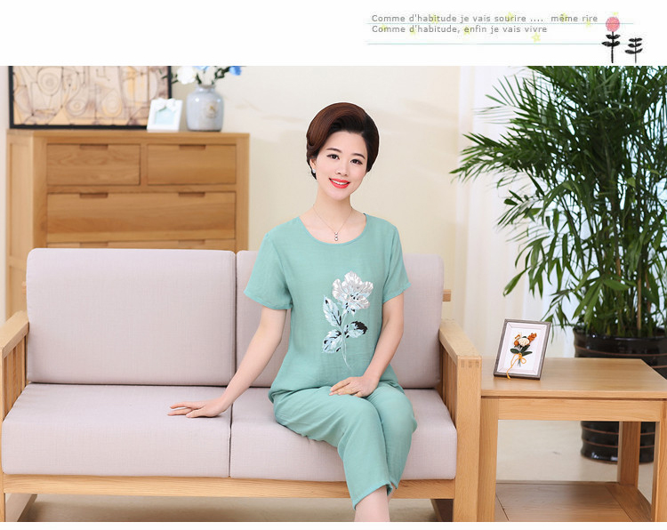 Mùa hè mẹ cotton và linen đồ ngủ phụ nữ mùa hè ngắn tay trung niên đồ ngủ cotton lụa bà tải linen dịch vụ nhà phù hợp với