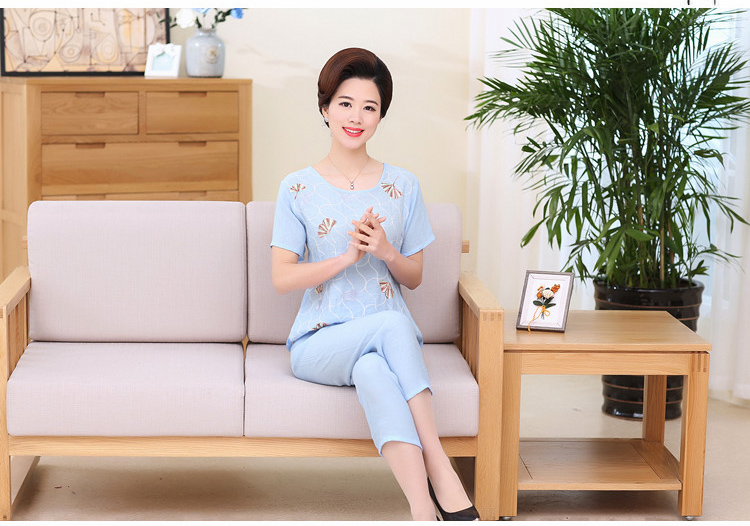 Mùa hè mẹ cotton và linen đồ ngủ phụ nữ mùa hè ngắn tay trung niên đồ ngủ cotton lụa bà tải linen dịch vụ nhà phù hợp với