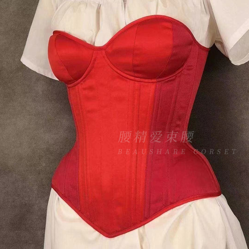 French-Style Vintage Red Satin Fishbone Corset with Straps, Waist Cincher, Body Shaping, Slim Fit, Outerwear Tube Top Short Top Corset