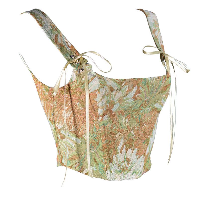 Oil Painting Printed Vest Woman Outwear Spring Design Sensation Small Crowdfish Bone Chest Clot Sexy Sweet Butterfly Knot Short blouses-Taobao