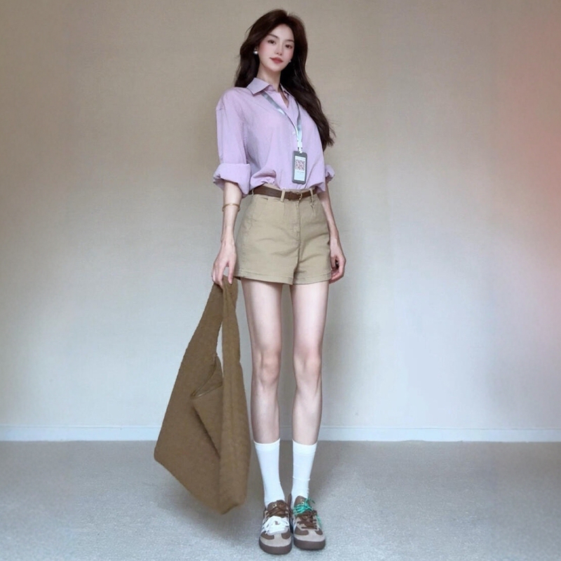 Simple Khaki Denim Shorts for Women, New Summer Style, Elegant Old Money Style Pants, Loose Brown Hot Pants