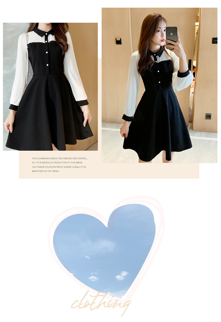 VK旗艦店 韓國學院風顯瘦高腰撞色雪紡拼接長袖洋裝