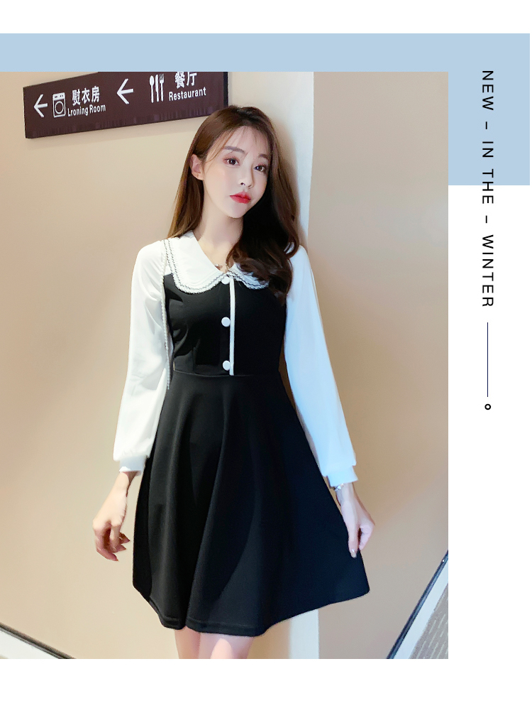 VK旗艦店 韓系高腰修身顯瘦假兩件翻領娃娃領長袖洋裝