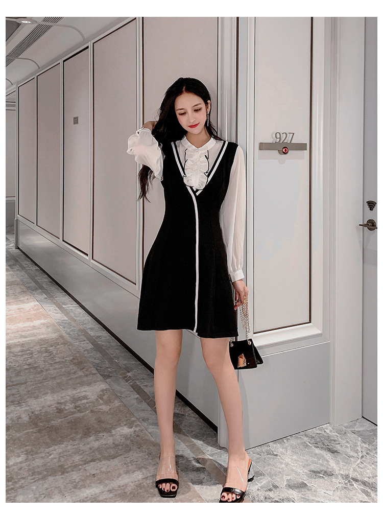 VK旗艦店 韓系木耳邊顯瘦收腰小黑裙假兩件長袖洋裝