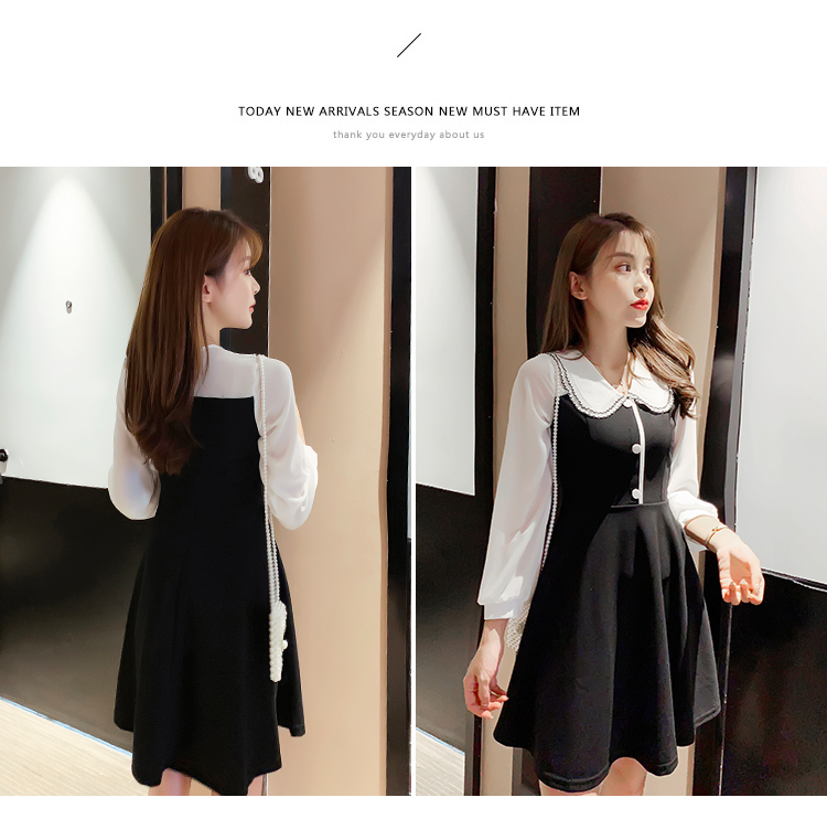 VK旗艦店 韓系高腰修身顯瘦假兩件翻領娃娃領長袖洋裝