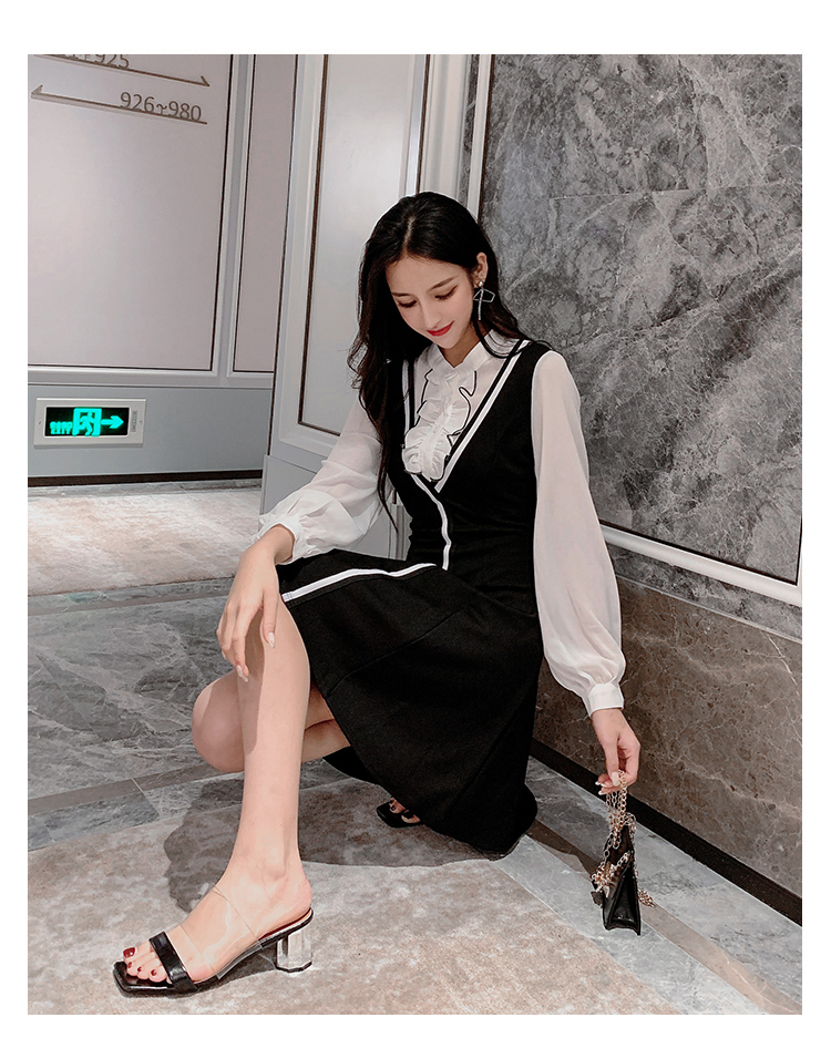 VK旗艦店 韓系木耳邊顯瘦收腰小黑裙假兩件長袖洋裝