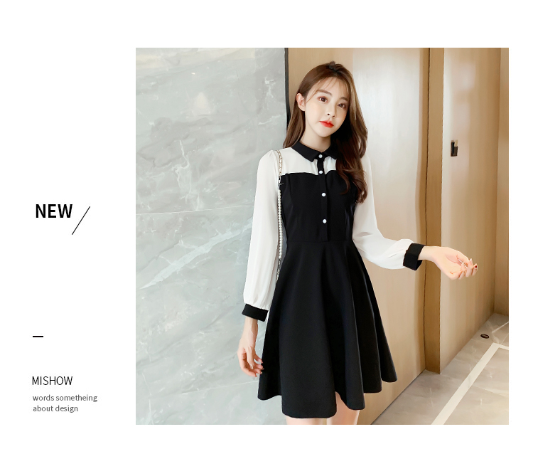 VK旗艦店 韓國學院風顯瘦高腰撞色雪紡拼接長袖洋裝