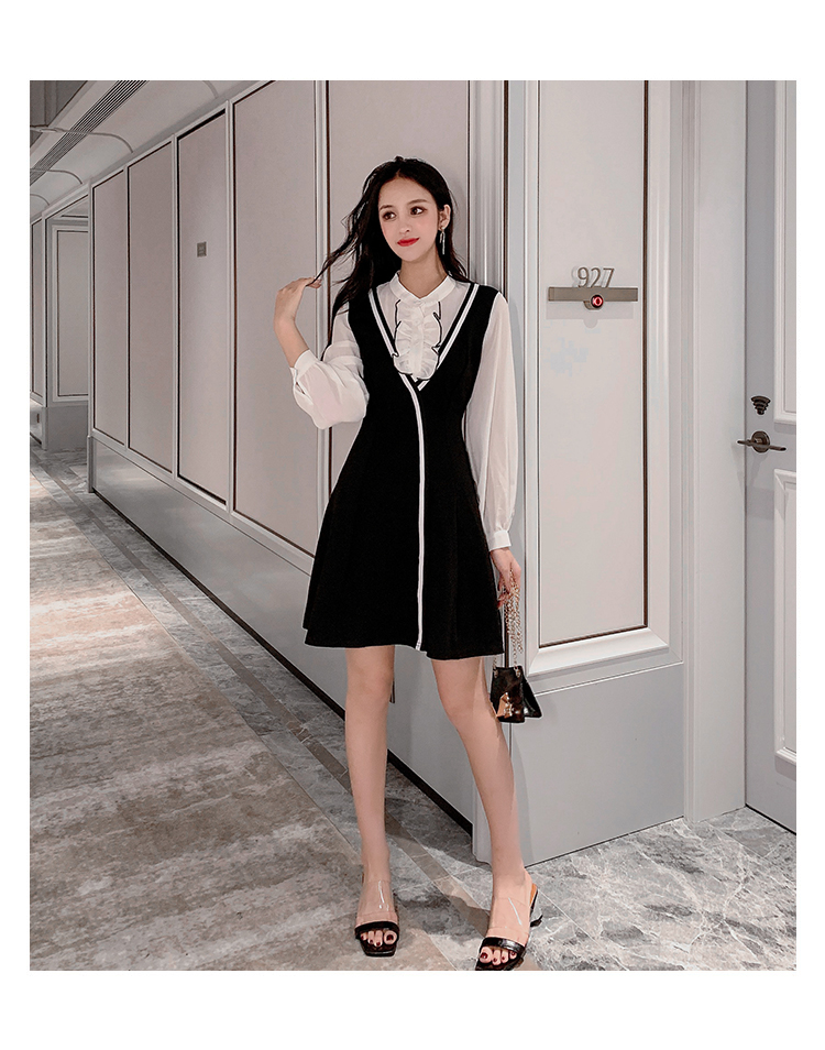 VK旗艦店 韓系木耳邊顯瘦收腰小黑裙假兩件長袖洋裝