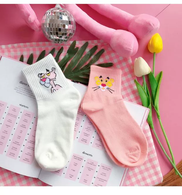 Hàn Quốc Nhật Bản cô gái màu hồng thêu hoạt hình dễ thương vớ vớ panty mùa xuân hoang dã và mùa thu vớ cotton tinh khiết trong vớ nữ ống tất ngắn