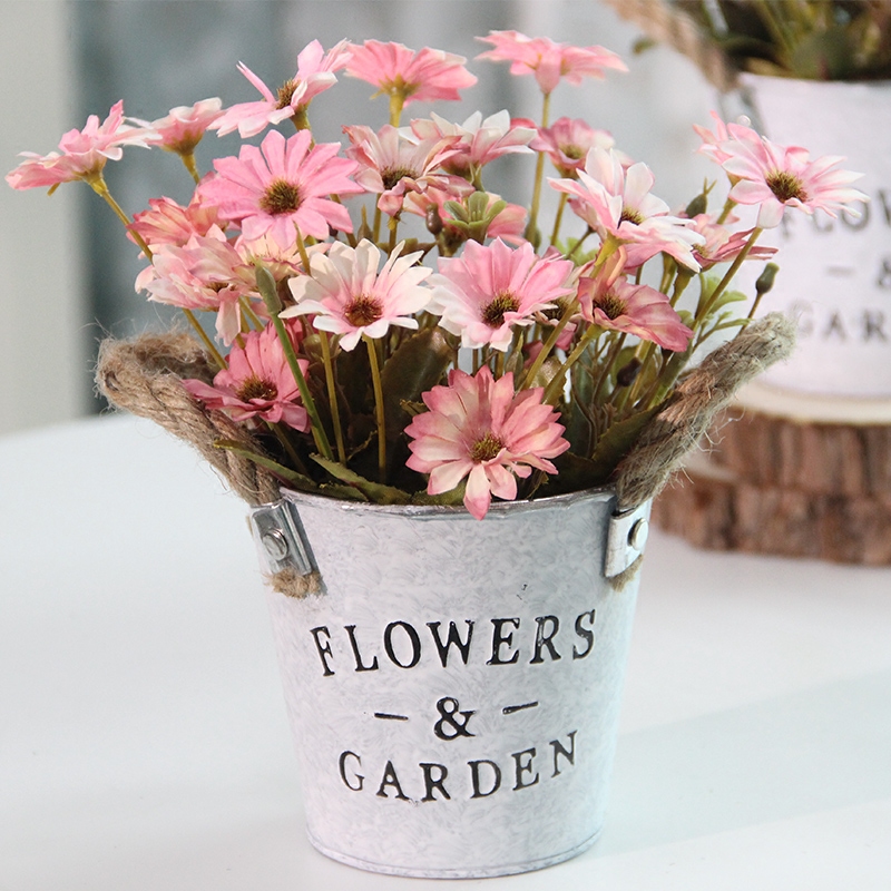 American iron barrel fake flower simulation fancy tablesHome decorations small potted iron fixture tea few green plant pot view