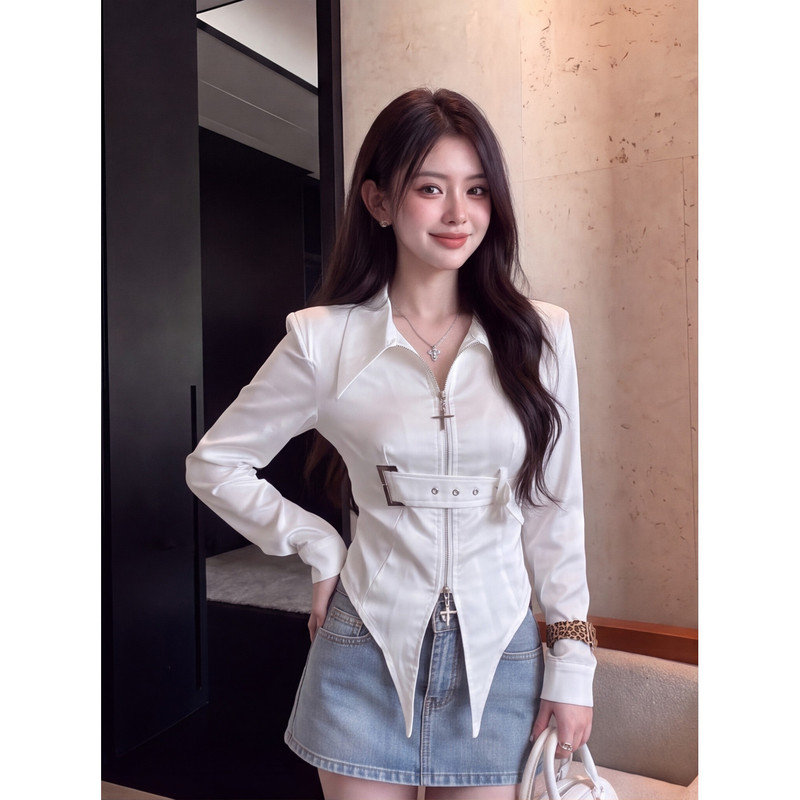 French-Style Acetate Polo Collar Long-Sleeve Shirt for Women, Autumn High-End Feel, Metal Buckle Belt, Waist-Cinching, Irregular Shirt, Trendy