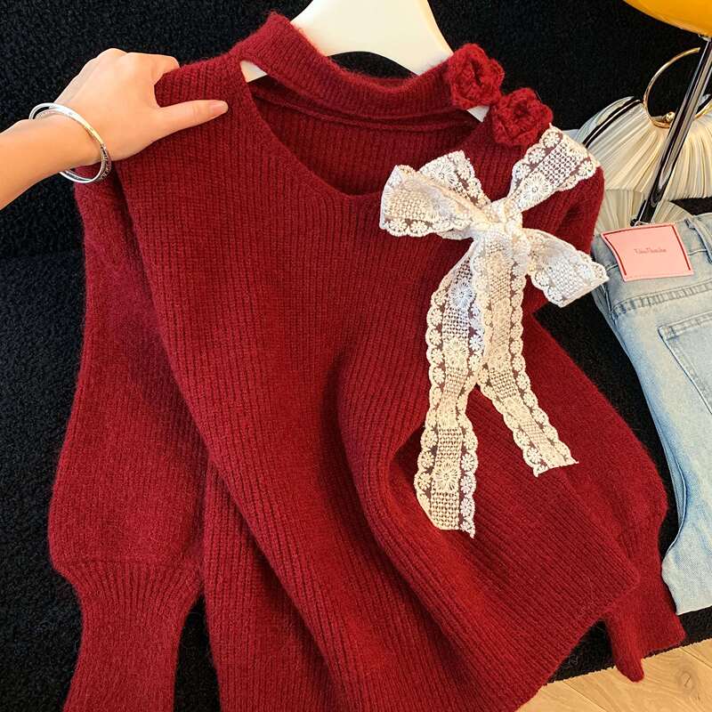 Recommended Popular Women's Clothing~ French-Style Lazy Lace Floral Bow Hollow-Out Halter Neck Knit Sweater Recommended Popular Women's Clothing~ French-Style Lazy Lace Floral Bow Hollow-Out Halter Neck Knit Sweater