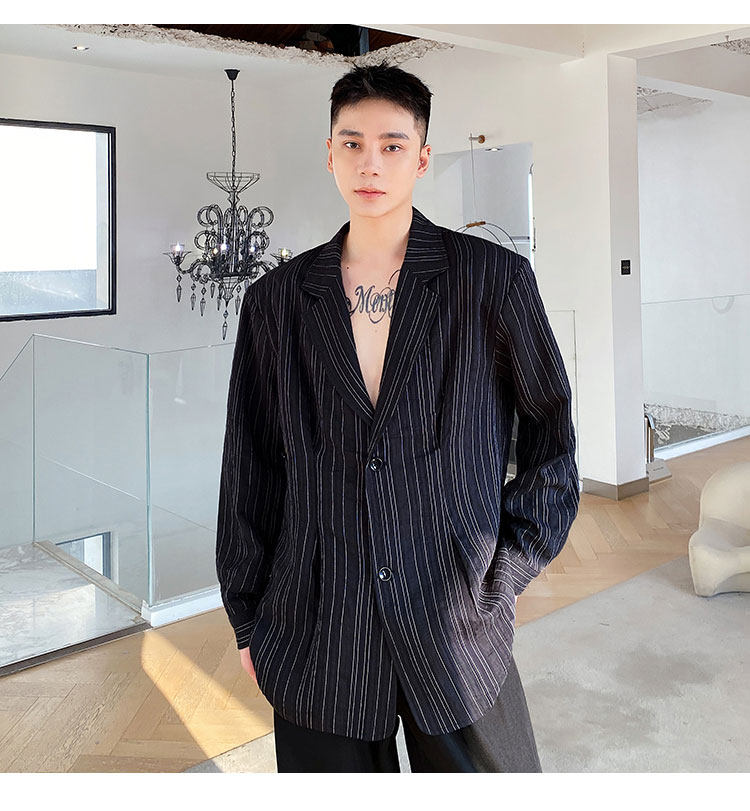 Formal Ruffled Dress Shirt Mens Japanese Retro Ruffled Shirt Suit Men  Striped Top Two Button Casual