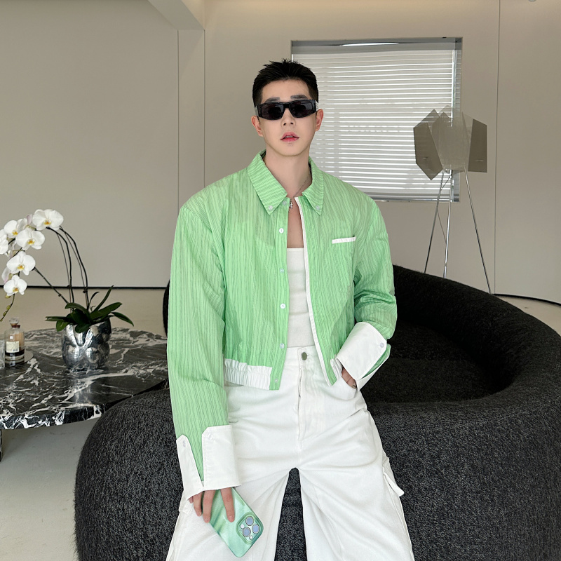 Summer Thin Color-Blocked Striped Long-Sleeve Shirt for Men, Ultra-Short Top, Korean Style, Trendy Designer Jacket