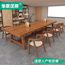  Solid wood conference table Industrial style long training table workbench log office large negotiation table and chair combination