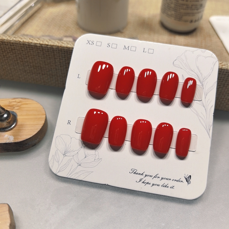 (Purely Handmade) Solid Color, Complexion-Enhancing, High-End, Elegant, Short Style Press-On Nails, New Year Red Series, Finished Nail Art