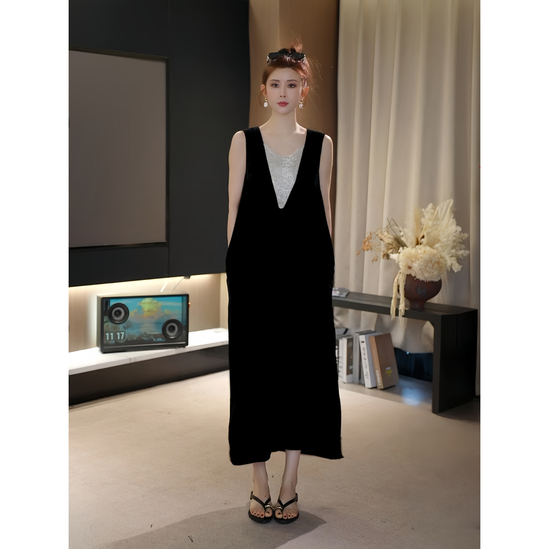 Ah Double Asfo【Liuyue】100% Mulberry Silk Tassel Beaded Long Sleeveless Velvet Dress Lyq01484