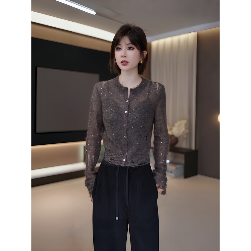 Ah Double Asfo【Dixing】Mohair Sheep Wool Sequin Yarn Soft and Delicate Hollow Knit Cardigan for Women My02228 Ah Double Asfo【Dixing】Mohair Sheep Wool Sequin Yarn Soft and Delicate Hollow Knit Cardigan for Women My02228
