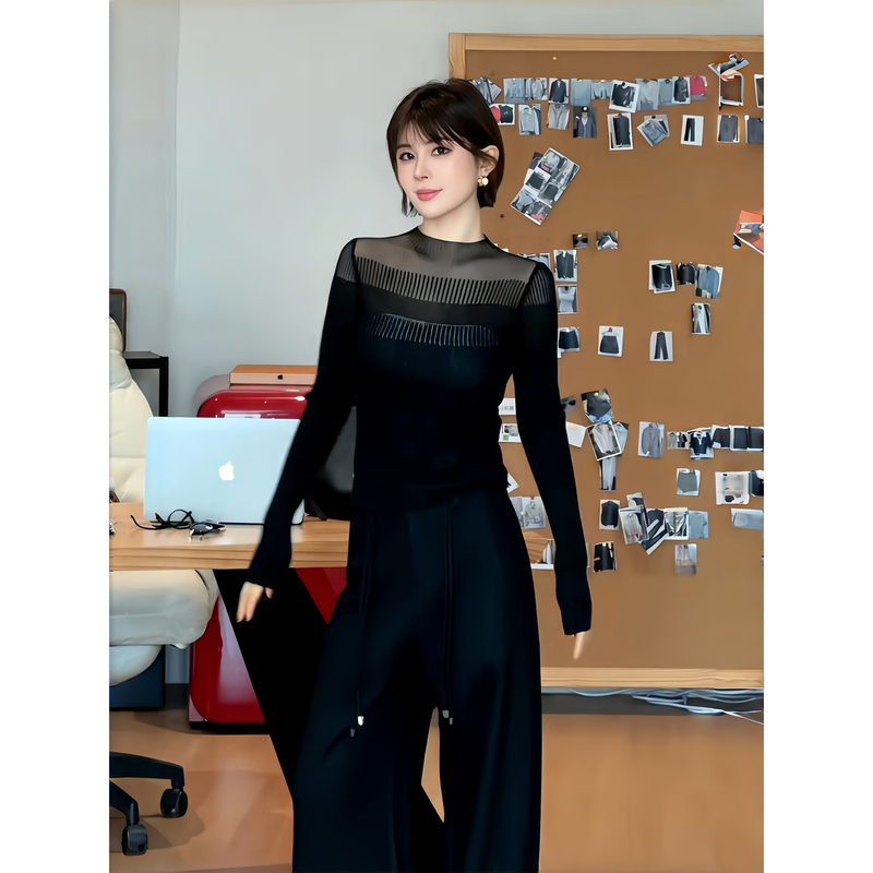 Ah Double Asfo【Windsor】Mesh Patchwork Stretchy Slim-Fit Stand-Up Collar Vertical Ribbed Wool Knitwear Ds04039