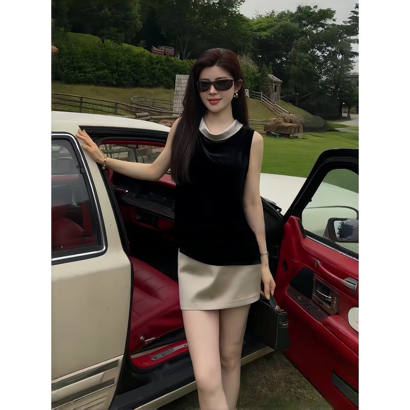 Ah Double Asfo [Luminous Pearl] 100% Mulberry Silk Acetate Patchwork Elegant Sleeveless Velvet Top Bx01173