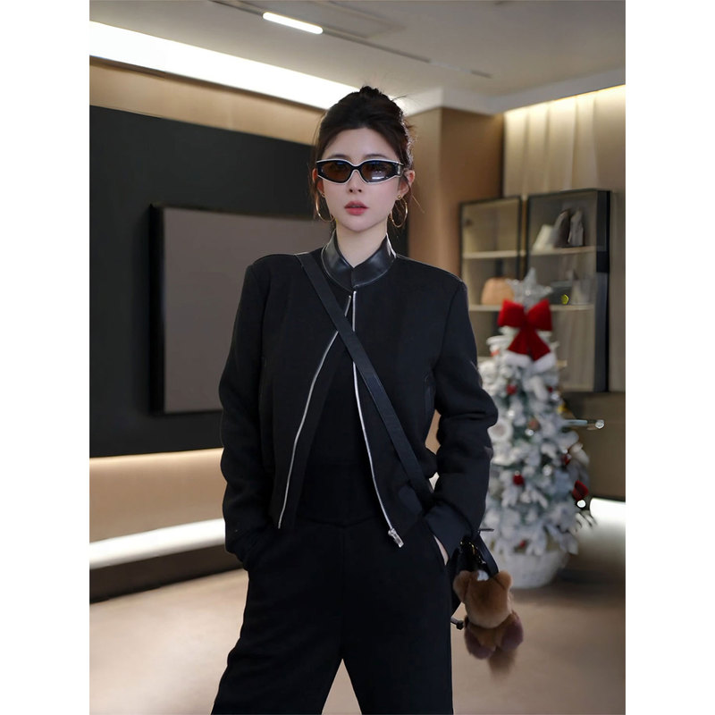 Ah Double Asfo [Lollipop] Wool and Mulberry Silk Equestrian Style Patchwork Leather Stand Collar Short Casual Jacket for Women