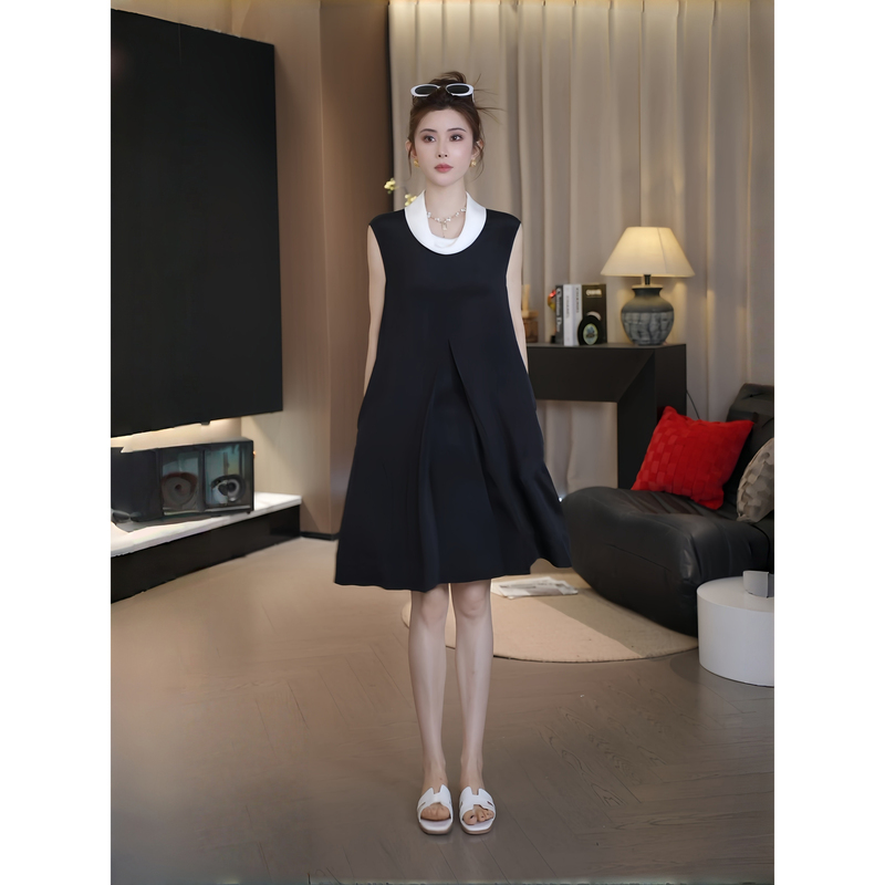 【As Ah Shuang】Gada Dress 100% Mulberry Silk Tailored Swing Collar Hepburn Style Light Luxury Sleeveless Dress