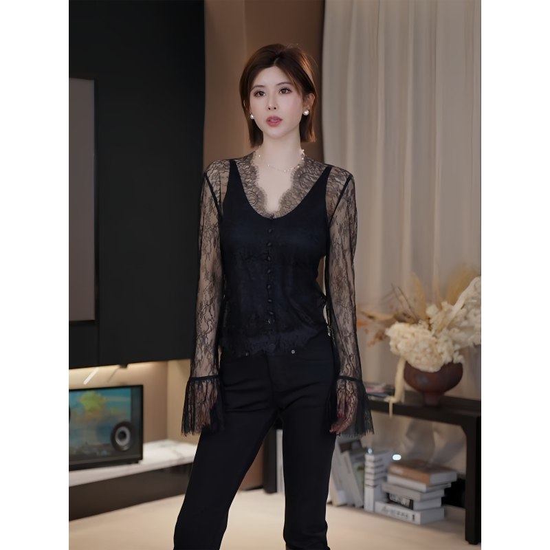 Ah Double Asfo【Night Color】Lace Embroidered Bell Sleeves V-Neck Elegant Base Shirt Blouse Inner Wear for Women Xs02767