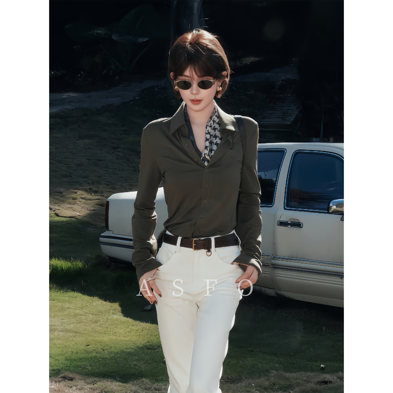 Ah Double Asfo [Top Choice] Modal Combed Cotton Custom-Dyed Waist-Slimming Long-Sleeve Shirt Top Cs02355