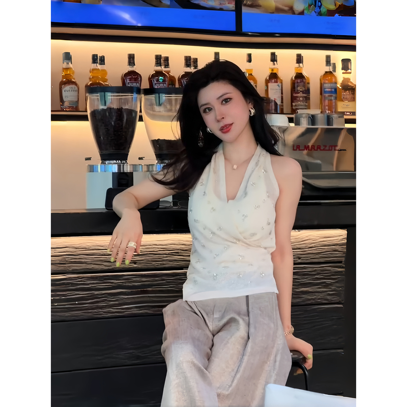 Ah Shuang Asfo【Mingyu】Handmade Beaded Embroidery Sequin V-Neck Sleeveless Stretchy Tank Top for Women Bx01048