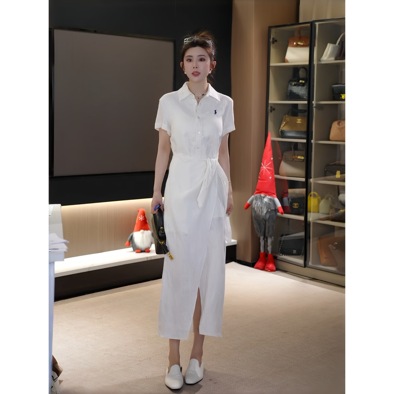 Ah Double Asfo【Lafu Skirt】100% Linen Classic Old Money Style Polo Wrap Dress Lyq00920