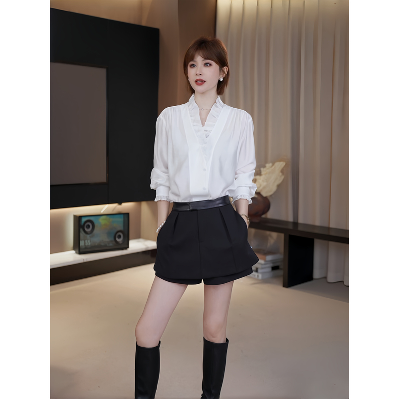 Ah Double Asfo [Small Lace] Modal Rayon Ruffle Lace V-Neck Silky Shirt Top for Women Cs02348