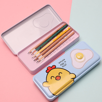Net red ins iron stationery box with pen holder primary school girl double pen box children creative cartoon pencil box