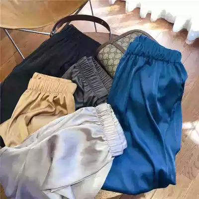 Shen pants satin pearl light-sensitive fabric anti-heat breathable elastic waist 9 points lantern casual pants women high waist Thin Thin Thin