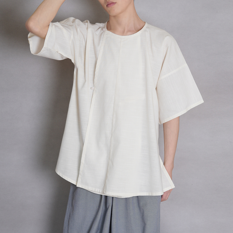 Qingshanjian Tang-Style Hanfu Tang Round-Neck Half-Sleeve Short Shirt Solid Color Summer Daily Commute Comfortable Breathable Unisex Style