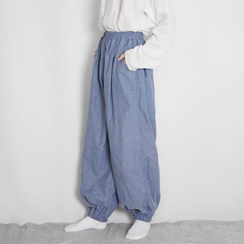 Qingshan Gradually Improves the Daily Hanfu Style with Loose-Fitting, Wide-Crotch Pants Made of Cotton and Linen Fabric, Lantern Pants for Men and Women, Suitable for Spring and Autumn
