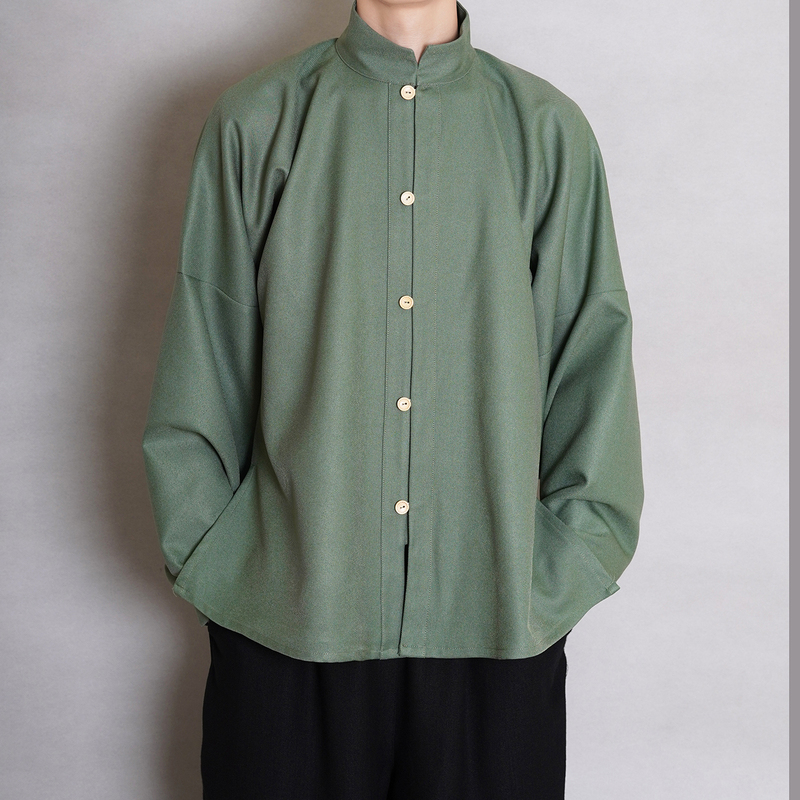Qingshan Jiehan Clothing Ming-Style Stand-Up Collar Double-Breasted Shirt with Bow Pocket Sleeves, Stand-Up Collar Short Shirt for Daily Commuting, Chinese Style for Men and Women, Spring and Autumn