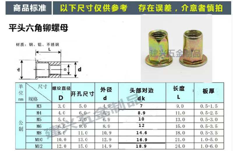 Đầu phẳng đai ốc đinh tán lục giác nửa đai ốc đinh tán lục giác kéo nắp M4M5M6M8M10M12 nhỏ đầu chìm đinh tán lục giác