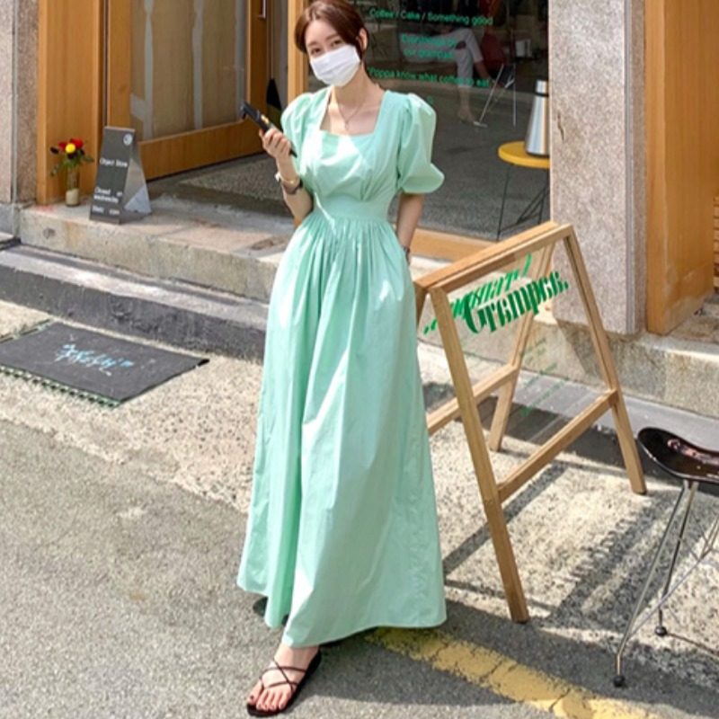 Korean chic summer: elegant square neck, open back, tie-waist, slimming  solid color a-line maxi