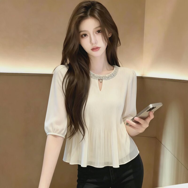 High-End Rhinestone Black Chiffon Shirt for Women, Summer 2026 New Style, Loose Fit, Slimming, Three-Quarter Sleeves, Light Luxury, Stylish Top High-End Rhinestone Black Chiffon Shirt for Women, Summer 2026 New Style, Loose Fit, Slimming, Three-Quarter Sleeves, Light Luxury, Stylish Top