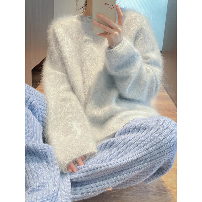 Blue, Very Beautiful Mink Velvet Soft Round-Neck Knit Sweater for Women, Autumn and Winter, High-End, Loose Mohair Sweater Top