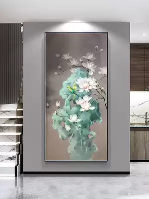 New Chinese hand-painted oil painting living room entrance decorative painting Magnolia flower and bird Chinese painting custom American corridor aisle hanging painting